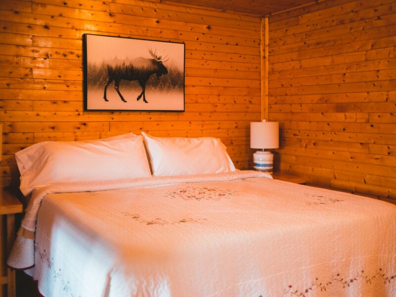 A calm bedroom with white bedding and a bedside lamp